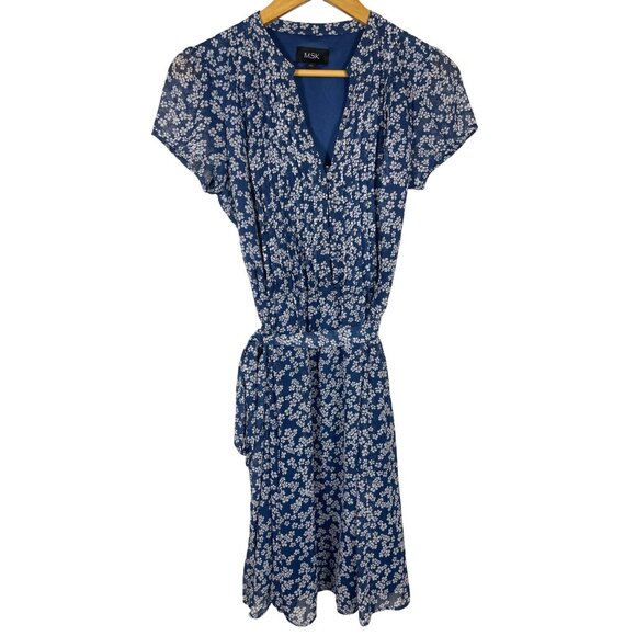 Blue Floral MSK Womens Dress Size 4 Polyester V-Neck Short Sleeve Belted - Picture 1 of 6
